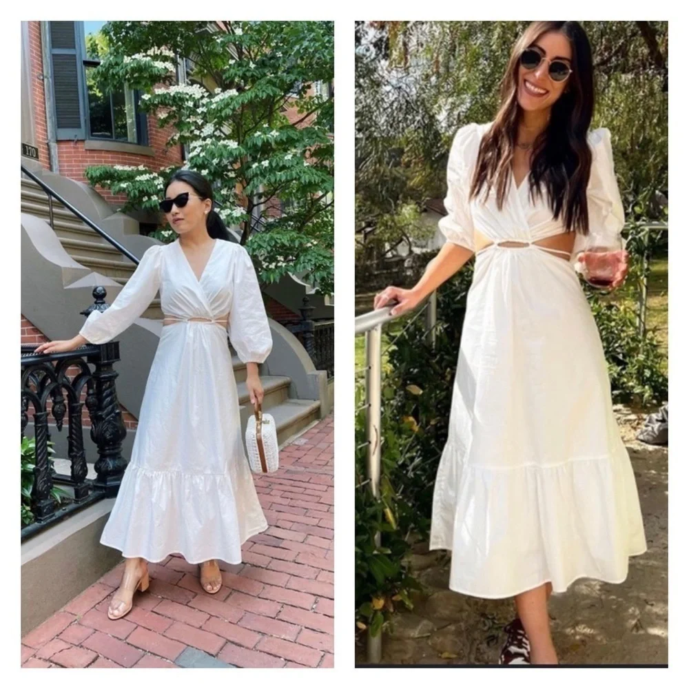 ASTR White Cutout Surplice Midi Dress Puff Sleeve Resort Vacation L NWT - Picture 8 of 14